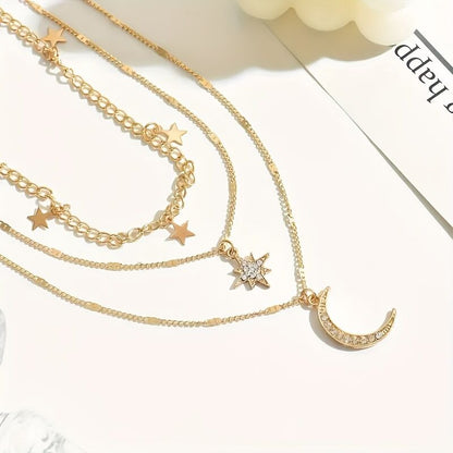 An elegant star, crescent, and sparkle rhinestone-embedded collarbone necklace, a multi-layer pendant necklace for women, perfect for daily wear and a versatile gift. - Image 3
