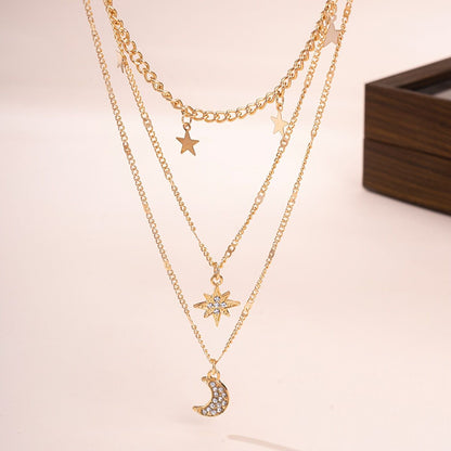 An elegant star, crescent, and sparkle rhinestone-embedded collarbone necklace, a multi-layer pendant necklace for women, perfect for daily wear and a versatile gift. - Image 4