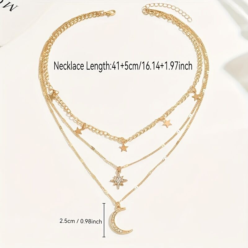 An elegant star, crescent, and sparkle rhinestone-embedded collarbone necklace, a multi-layer pendant necklace for women, perfect for daily wear and a versatile gift. - Image 6