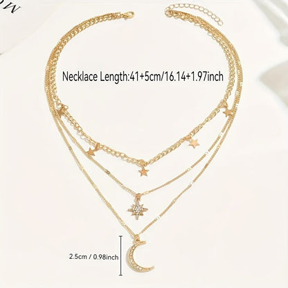 An elegant star, crescent, and sparkle rhinestone-embedded collarbone necklace, a multi-layer pendant necklace for women, perfect for daily wear and a versatile gift. - Image 6