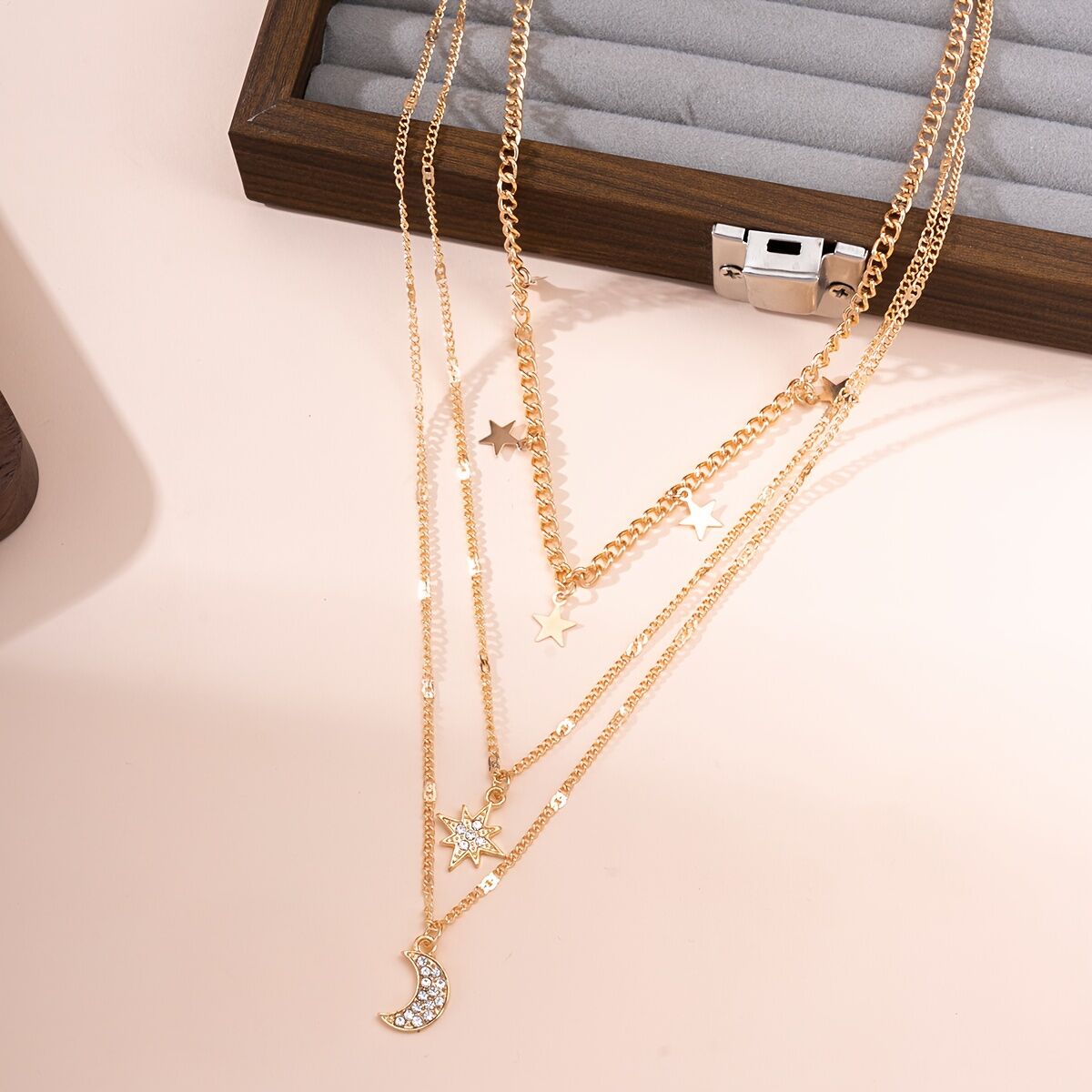 An elegant star, crescent, and sparkle rhinestone-embedded collarbone necklace, a multi-layer pendant necklace for women, perfect for daily wear and a versatile gift. - Image 8