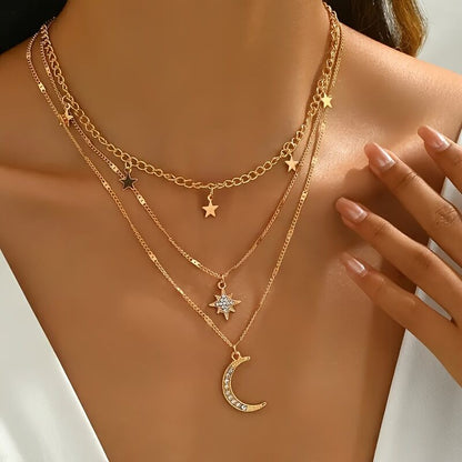 An elegant star, crescent, and sparkle rhinestone-embedded collarbone necklace, a multi-layer pendant necklace for women, perfect for daily wear and a versatile gift. - Image 9