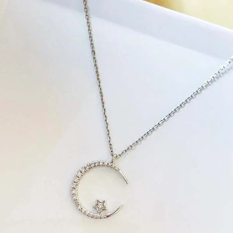 silver"Crescent and Stars" Crystal Necklace: Weaving the Galaxy into a Chain, Crafting a Flowing Dazzling Starry Sky Around Your Neck - Image 4