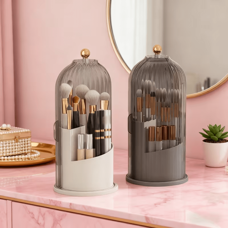 Transparent Rotating Makeup Brush Holder: 360° Rotation for Easy Access, Dust-Proof with Compartments, Neat and Portable(Transparent gray） - Image 5