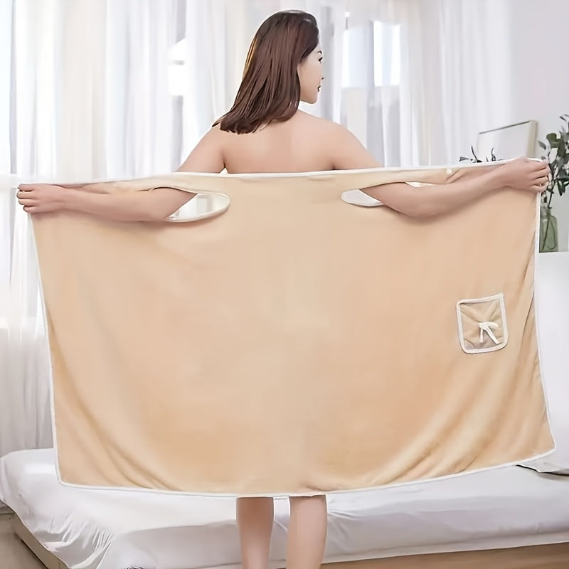 1-Piece Bath Towel with Pocket, Wearable Bath Towel, Bathroom Shower Supply, Can be Used as Robe, Nightgown, Sexy Strap Dress, Blanket, Indoor/Outdoor Fitness Sauna Shawl, Easy to Carry, Machine Washable（ khaki） - Image 2