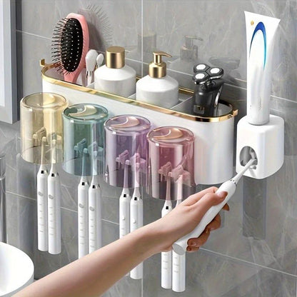 4-in-1 White(four people) Wall-Mounted Toothbrush Holder | Toothbrush Storage/Toothpaste Dispenser/Storage Shelf/Anti-Mildew Drainage - Bathroom Organization Upgrade​