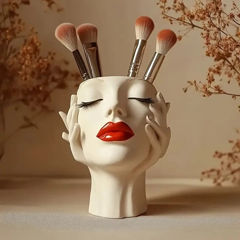 1 Piece Elegant Resin Makeup Brush Holder with Red Lips Design - Lightweight Synthetic Cosmetics Organizer Box, Standalone Desktop Storage Case for Bathroom or Dressing Table.Aesthetic "Gazing Lips" Resin Makeup Brush Holder — A Sculptural Vanity Tray for - Image 4