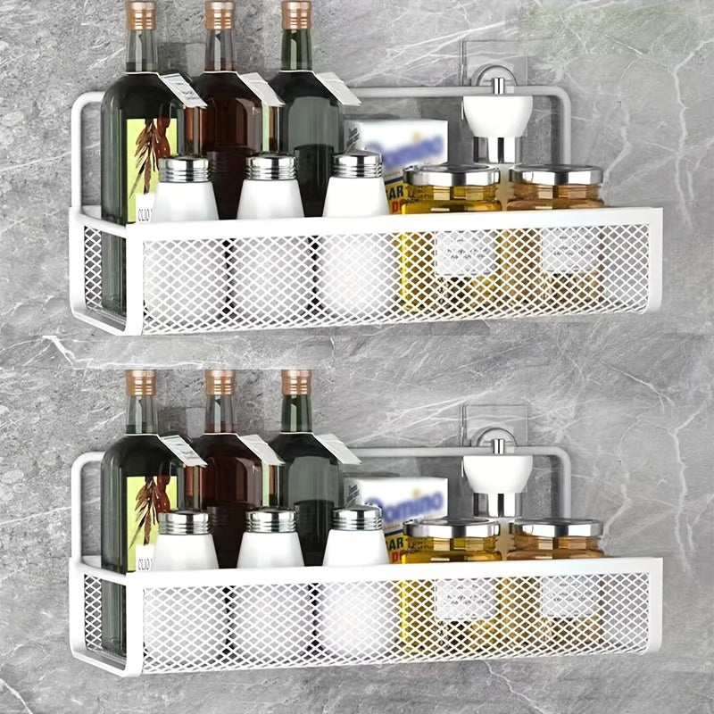 Wrought Iron Bathroom Storage Basket, Wall-Mounted Self-Adhesive Toothbrush Holder, Cosmetic & Condiment Shower Shelves, Kitchen & Bathroom Decorative Accessories/ WHITE