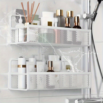 Wrought Iron Bathroom Storage Basket, Wall-Mounted Self-Adhesive Toothbrush Holder, Cosmetic & Condiment Shower Shelves, Kitchen & Bathroom Decorative Accessories/ WHITE - Image 3