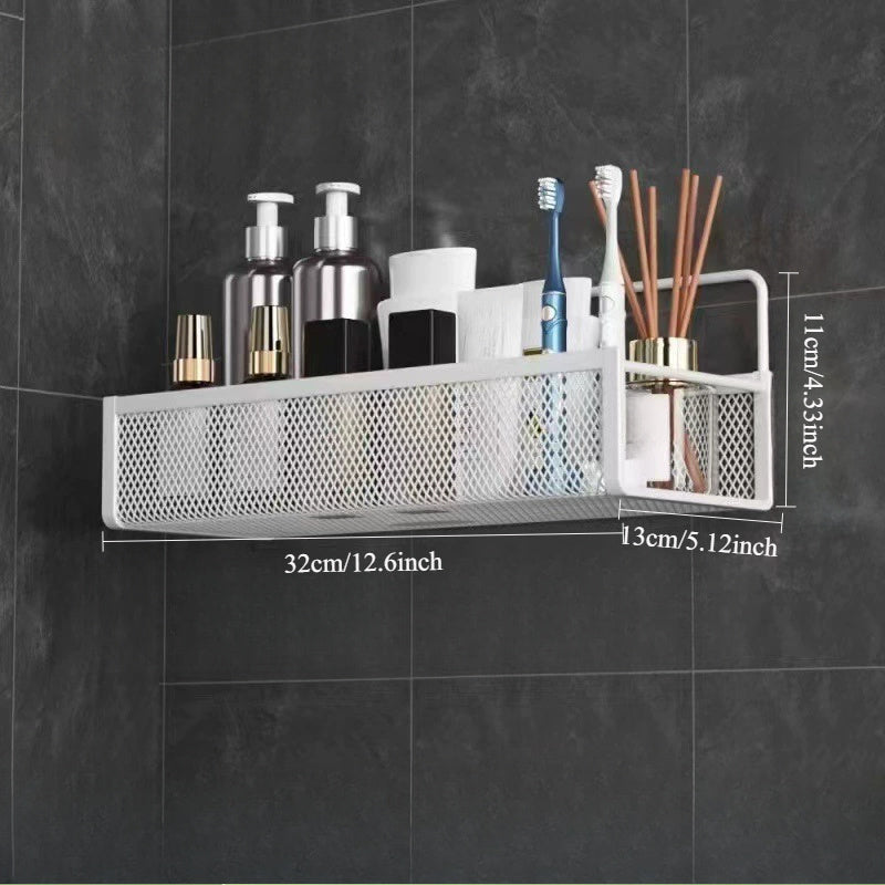 Wrought Iron Bathroom Storage Basket, Wall-Mounted Self-Adhesive Toothbrush Holder, Cosmetic & Condiment Shower Shelves, Kitchen & Bathroom Decorative Accessories/ WHITE - Image 4