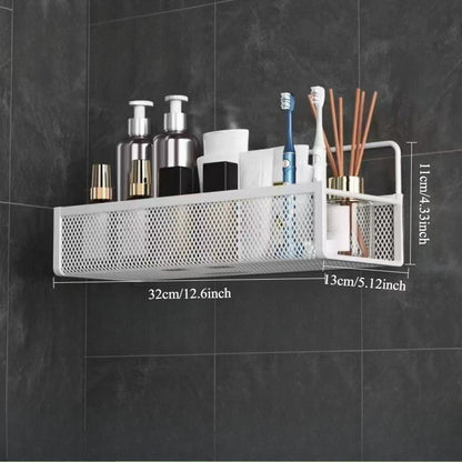 Wrought Iron Bathroom Storage Basket, Wall-Mounted Self-Adhesive Toothbrush Holder, Cosmetic & Condiment Shower Shelves, Kitchen & Bathroom Decorative Accessories/ WHITE - Image 4