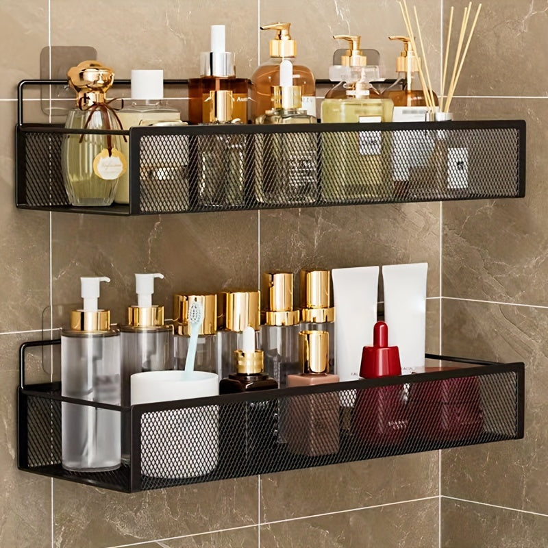 Wrought Iron Bathroom Storage Basket, Wall-Mounted Self-Adhesive Toothbrush Holder, Cosmetic & Condiment Shower Shelves, Kitchen & Bathroom Decorative Accessories/ WHITE - Image 6