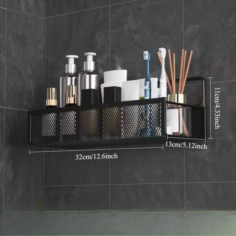 Wrought Iron Bathroom Storage Basket, Wall-Mounted Self-Adhesive Toothbrush Holder, Cosmetic & Condiment Shower Shelves, Kitchen & Bathroom Decorative Accessories/ BLACK - Image 2