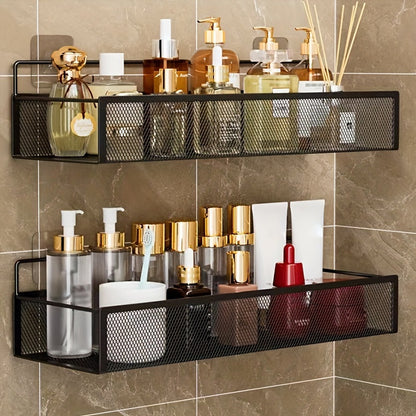 Wrought Iron Bathroom Storage Basket, Wall-Mounted Self-Adhesive Toothbrush Holder, Cosmetic & Condiment Shower Shelves, Kitchen & Bathroom Decorative Accessories/ BLACK - Image 3