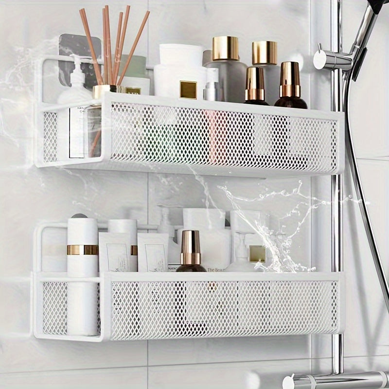 Wrought Iron Bathroom Storage Basket, Wall-Mounted Self-Adhesive Toothbrush Holder, Cosmetic & Condiment Shower Shelves, Kitchen & Bathroom Decorative Accessories/ BLACK - Image 6