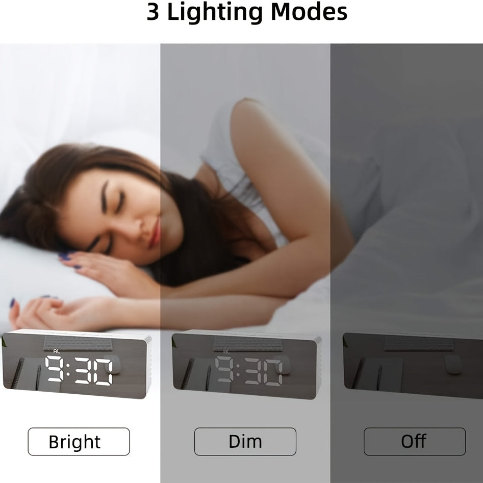 LED Mirror Desk Clock with Snooze Function & Temperature Display Digital Alarm Clock, Large LED Display Mirror Clock with Snooze, Adjustable Brightness, Suitable for Home Bedroom Living Room Office Travel (White) - Image 2