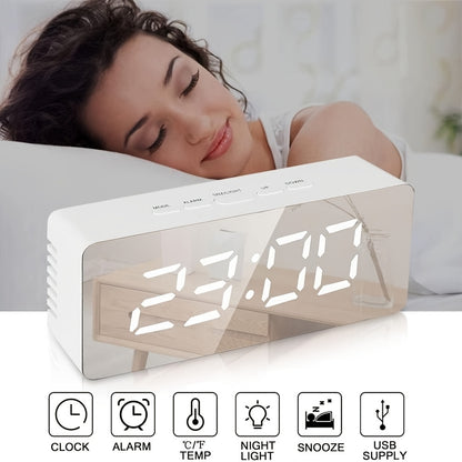 LED Mirror Desk Clock with Snooze Function & Temperature Display Digital Alarm Clock, Large LED Display Mirror Clock with Snooze, Adjustable Brightness, Suitable for Home Bedroom Living Room Office Travel (White) - Image 3