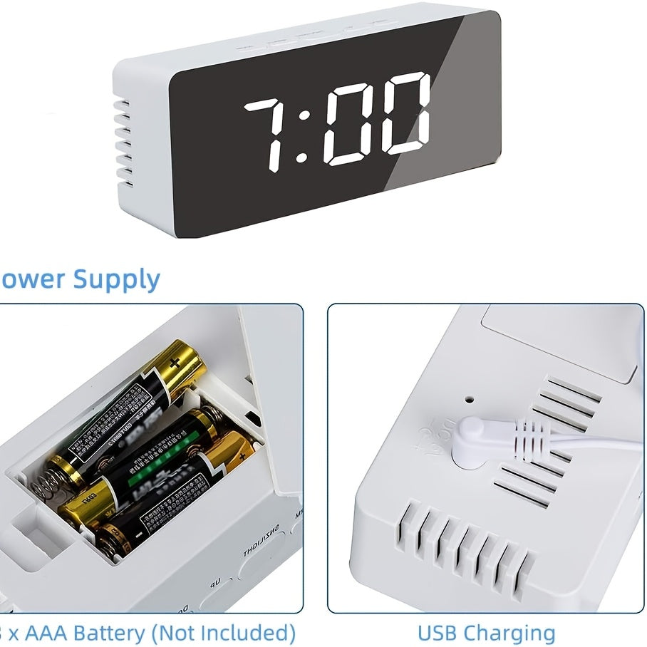LED Mirror Desk Clock with Snooze Function & Temperature Display Digital Alarm Clock, Large LED Display Mirror Clock with Snooze, Adjustable Brightness, Suitable for Home Bedroom Living Room Office Travel (White) - Image 4