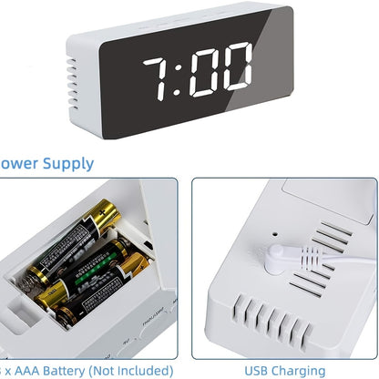 LED Mirror Desk Clock with Snooze Function & Temperature Display Digital Alarm Clock, Large LED Display Mirror Clock with Snooze, Adjustable Brightness, Suitable for Home Bedroom Living Room Office Travel (White) - Image 4