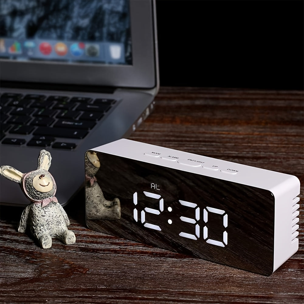 LED Mirror Desk Clock with Snooze Function & Temperature Display Digital Alarm Clock, Large LED Display Mirror Clock with Snooze, Adjustable Brightness, Suitable for Home Bedroom Living Room Office Travel (White) - Image 5