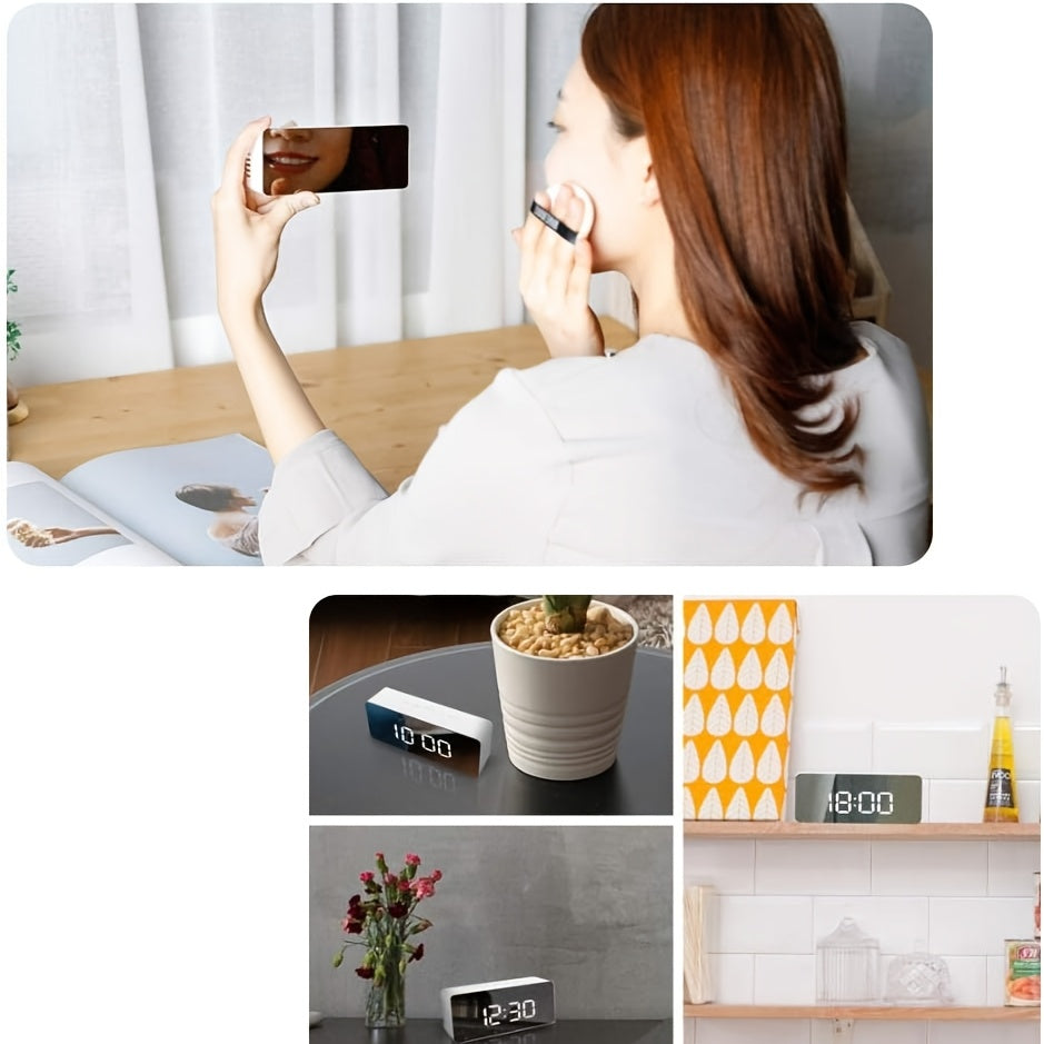 LED Mirror Desk Clock with Snooze Function & Temperature Display Digital Alarm Clock, Large LED Display Mirror Clock with Snooze, Adjustable Brightness, Suitable for Home Bedroom Living Room Office Travel (White) - Image 9