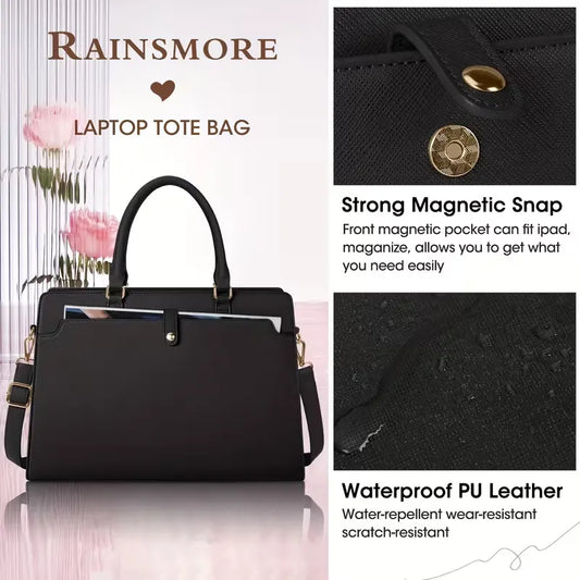 15.6-inch Laptop Tote Bag for Women, Large Capacity Faux Leather Work Tote, Waterproof Business Office Computer Bag, Ladies Travel Handbag & Shoulder Bag. - Image 5