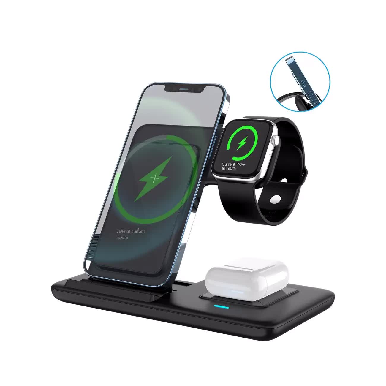Multi-device 3-in-1 Foldable Wireless Charging Station | iWatch Series 9 8 7 6 SE 5 4 3 2, Ultra Airpods Pro 3 2, iPhone 17/16/15/14/13/12/11 Rapid Charging Stand - Magnetic Connector, USB Power Supply - Image 2