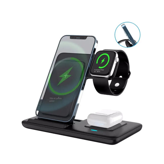 Multi-device 3-in-1 Foldable Wireless Charging Station | iWatch Series 9 8 7 6 SE 5 4 3 2, Ultra Airpods Pro 3 2, iPhone 17/16/15/14/13/12/11 Rapid Charging Stand - Magnetic Connector, USB Power Supply - Image 2