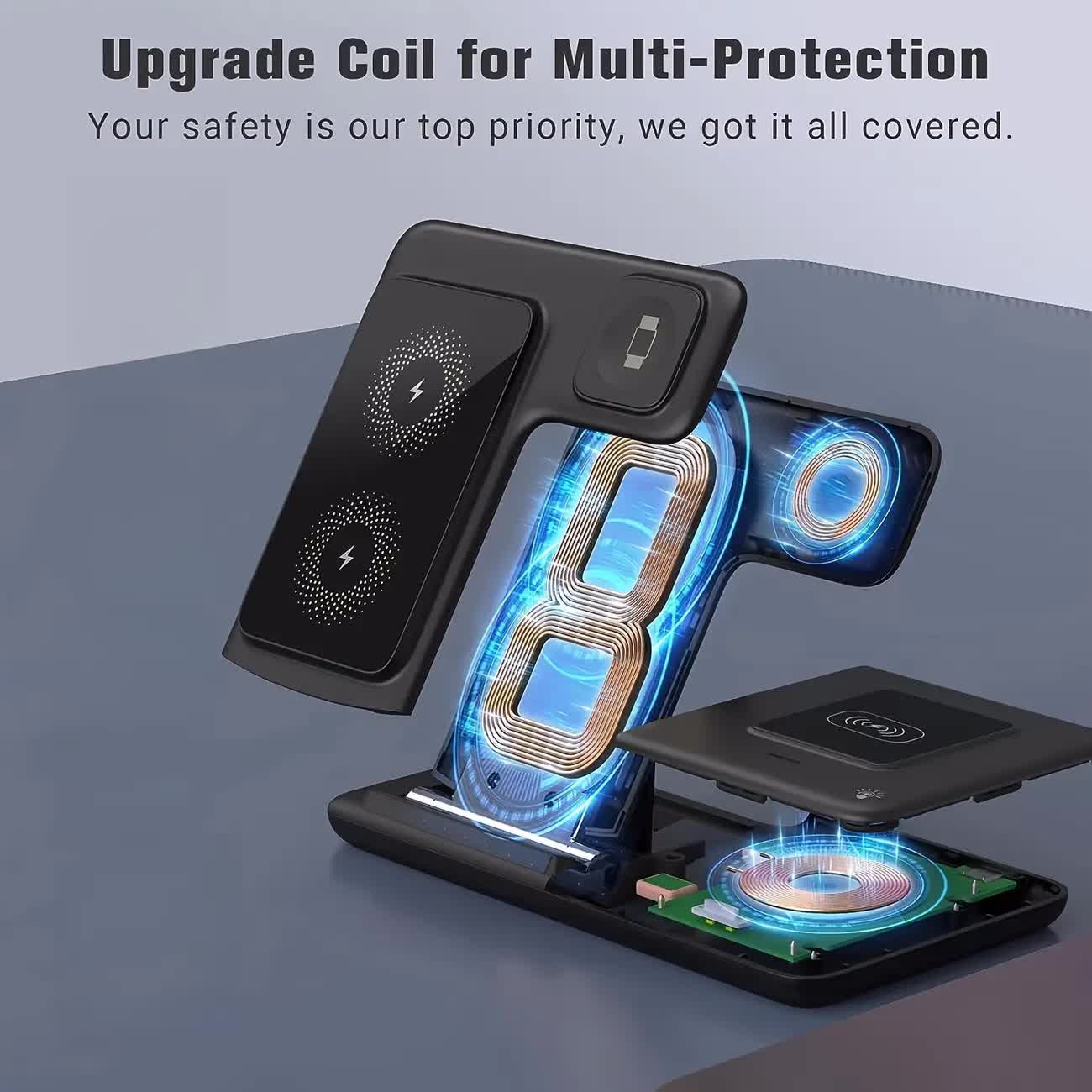Multi-device 3-in-1 Foldable Wireless Charging Station | iWatch Series 9 8 7 6 SE 5 4 3 2, Ultra Airpods Pro 3 2, iPhone 17/16/15/14/13/12/11 Rapid Charging Stand - Magnetic Connector, USB Power Supply - Image 4