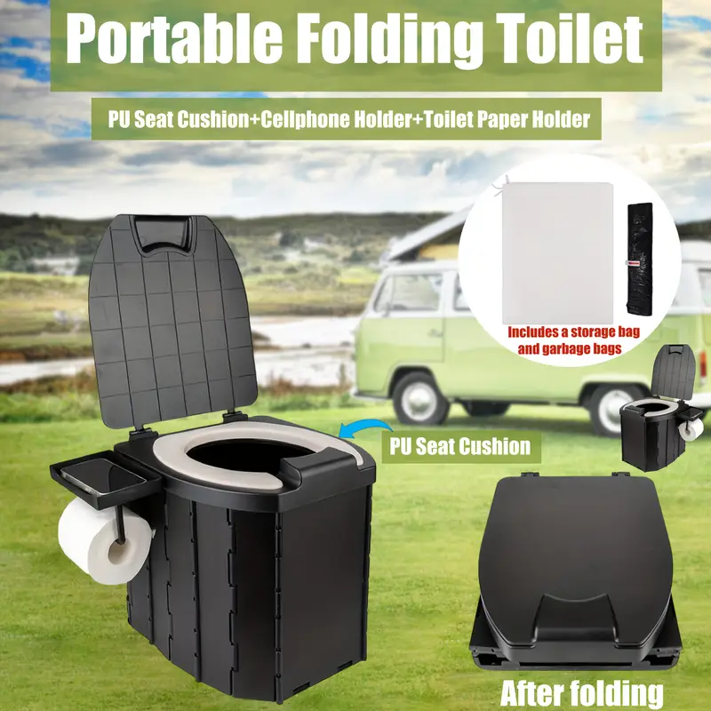 Portable folding toilets with PU seat cushions and portable toilets with covers, suitable for RVS, cars, camping and hiking - Image 2