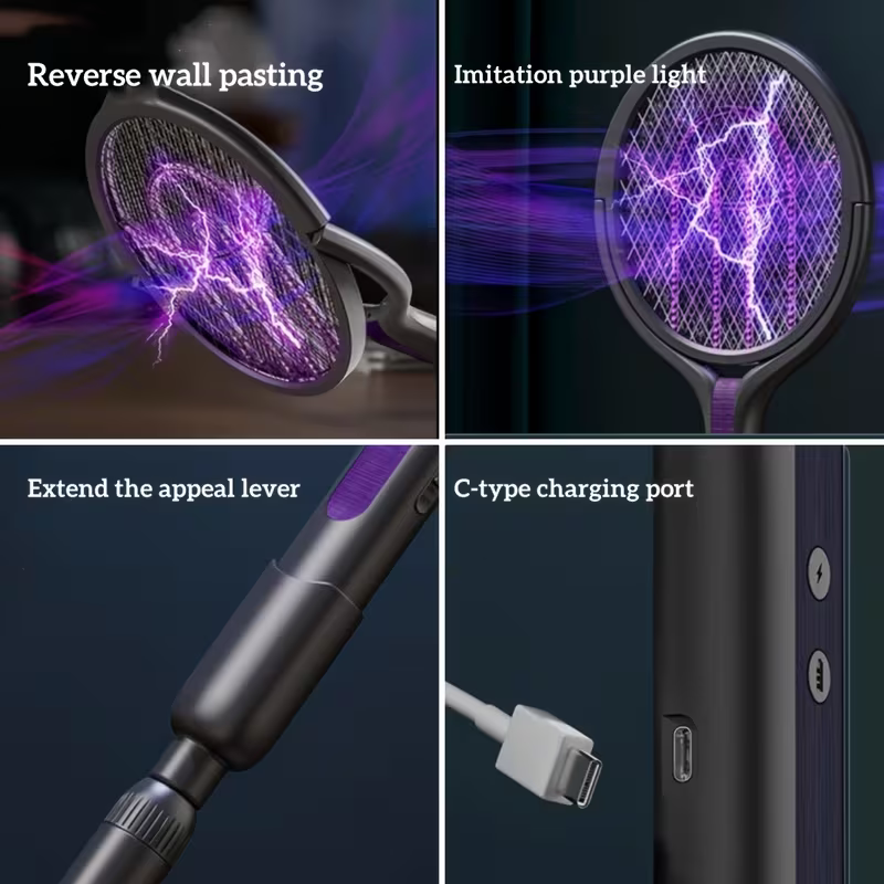 2-in-1 foldable and extendable electric mosquito swatter and purple insect lamp rechargeable fly swatter - USB-powered extendable pole, suitable for indoor, office, backyard, camping - portable mosquito killer, modern aesthetics, durable structure - Image 4
