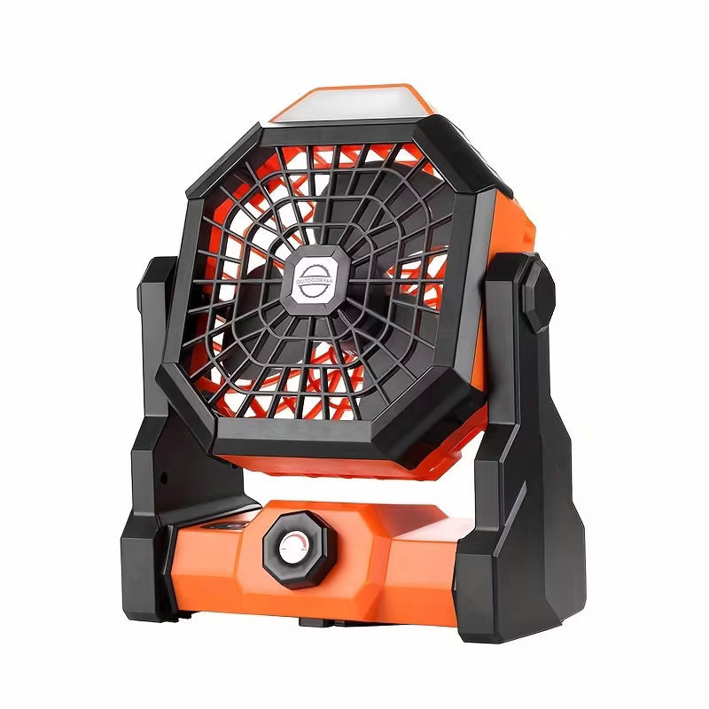 A portable outdoor camping fan with adjustable brightness, LED light strip hook, USB rechargeable, built-in 7800mAh battery for long battery life, 270° adjustable outdoor cooling fan, stepless speed change, silent, suitable for camping, terraces, pets, an