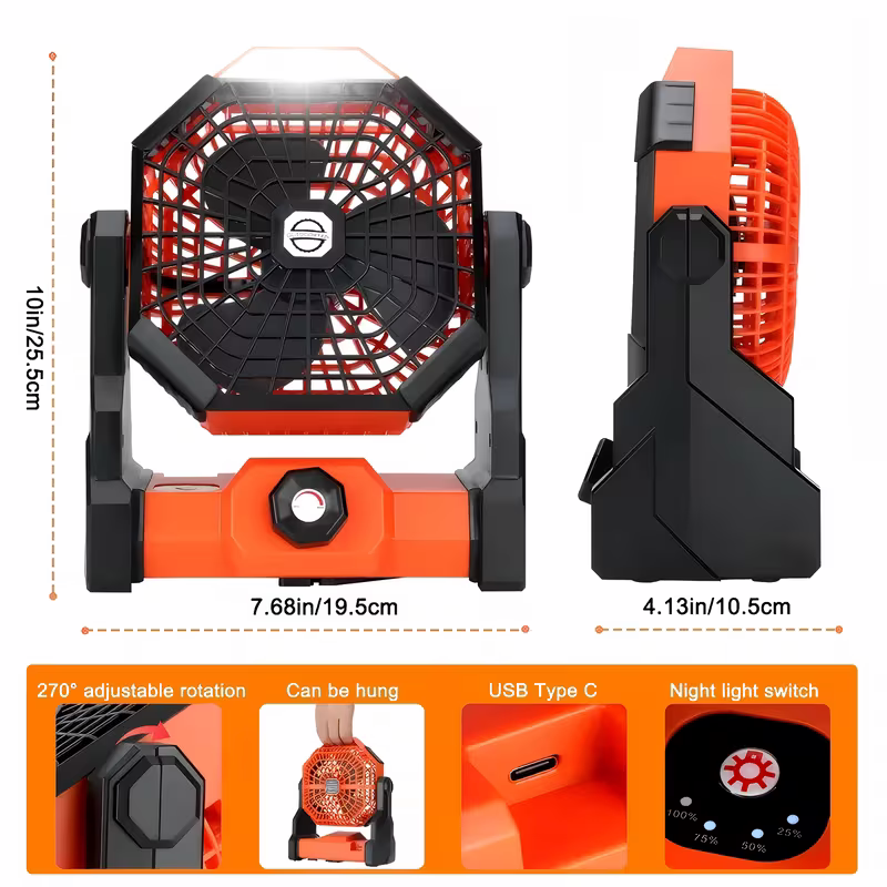 A portable outdoor camping fan with adjustable brightness, LED light strip hook, USB rechargeable, built-in 7800mAh battery for long battery life, 270° adjustable outdoor cooling fan, stepless speed change, silent, suitable for camping, terraces, pets, an - Image 5