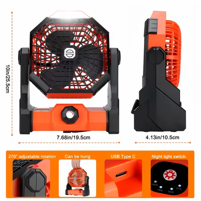 A portable outdoor camping fan with adjustable brightness, LED light strip hook, USB rechargeable, built-in 7800mAh battery for long battery life, 270° adjustable outdoor cooling fan, stepless speed change, silent, suitable for camping, terraces, pets, an - Image 5
