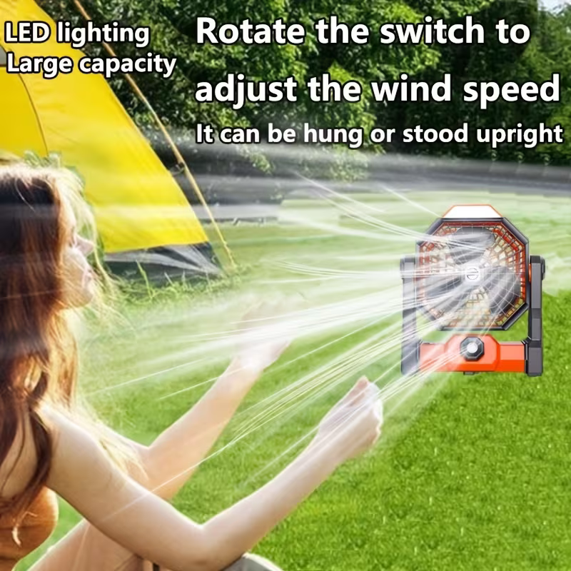 A portable outdoor camping fan with adjustable brightness, LED light strip hook, USB rechargeable, built-in 7800mAh battery for long battery life, 270° adjustable outdoor cooling fan, stepless speed change, silent, suitable for camping, terraces, pets, an - Image 8