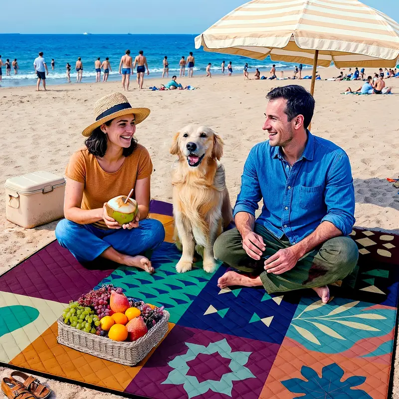 Extra-large 198.12x198.12 cm foldable picnic mat with portable rope. Soft padding design, floral and fruit prints, durable polyester material, perfect for beaches, parks, camping and travel - hand wash only, embossed PU-coated Oxford fabric. - Image 3