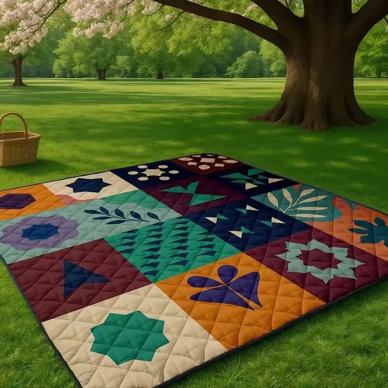 Extra-large 198.12x198.12 cm foldable picnic mat with portable rope. Soft padding design, floral and fruit prints, durable polyester material, perfect for beaches, parks, camping and travel - hand wash only, embossed PU-coated Oxford fabric. - Image 4