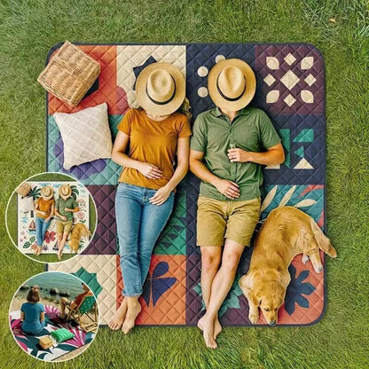 Extra-large 198.12x198.12 cm foldable picnic mat with portable rope. Soft padding design, floral and fruit prints, durable polyester material, perfect for beaches, parks, camping and travel - hand wash only, embossed PU-coated Oxford fabric. - Image 5