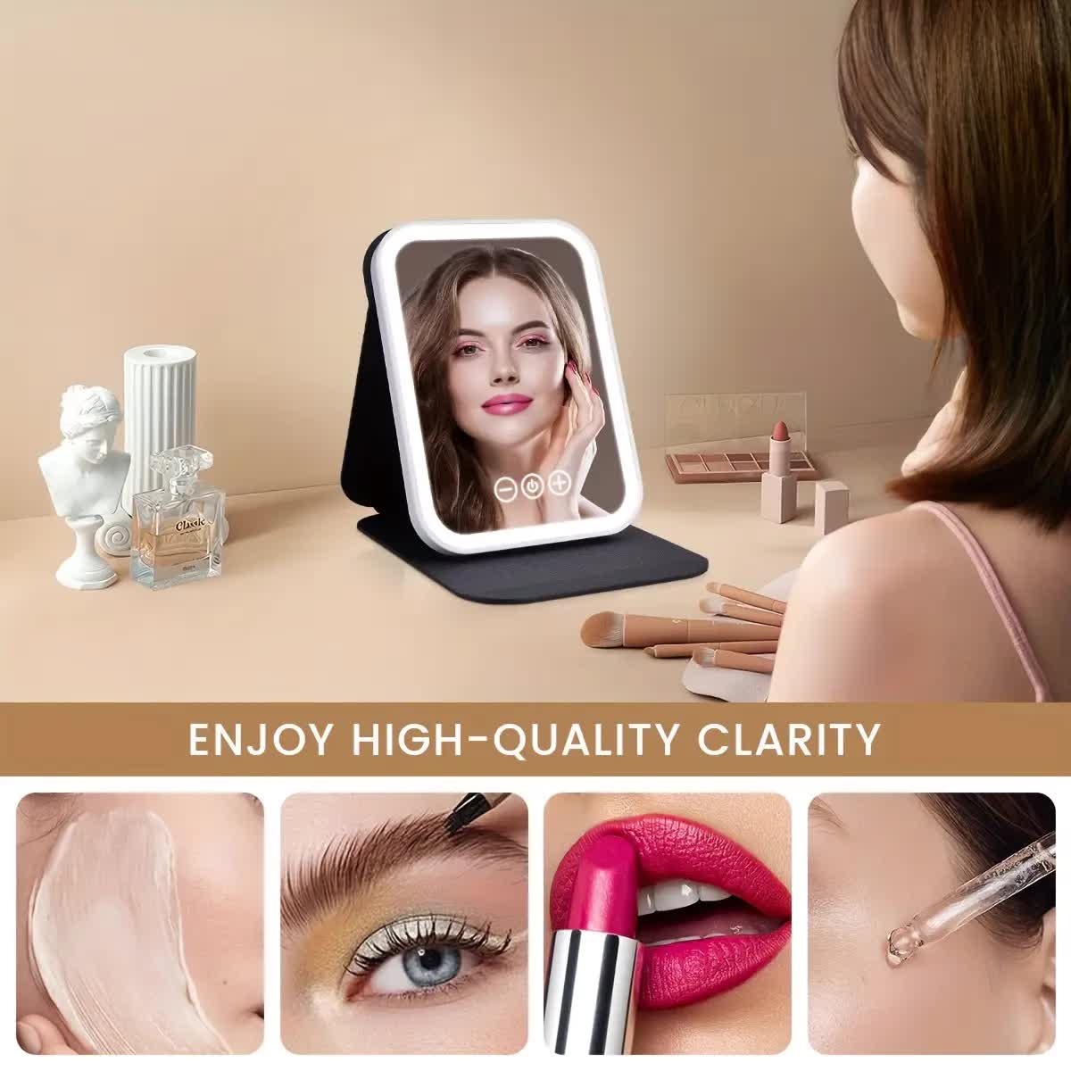 LED folding makeup mirror with light, portable travel beauty mirror with light, three-color adjustable light, touch screen, rechargeable - Image 2