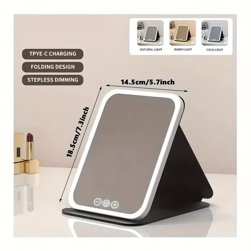 LED folding makeup mirror with light, portable travel beauty mirror with light, three-color adjustable light, touch screen, rechargeable - Image 3