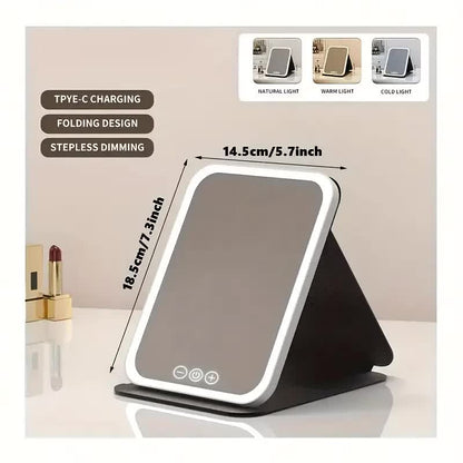 LED folding makeup mirror with light, portable travel beauty mirror with light, three-color adjustable light, touch screen, rechargeable - Image 3