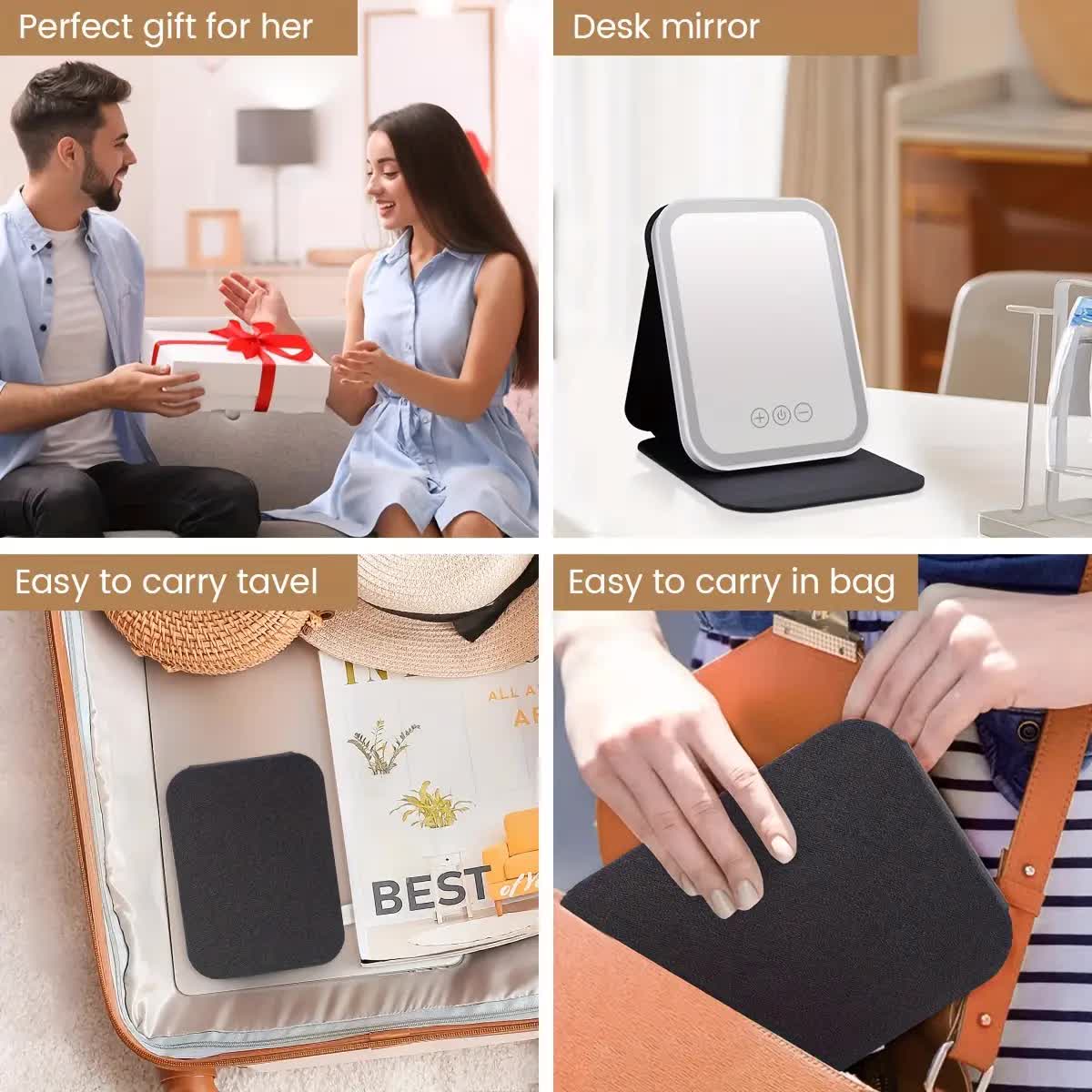 LED folding makeup mirror with light, portable travel beauty mirror with light, three-color adjustable light, touch screen, rechargeable - Image 6