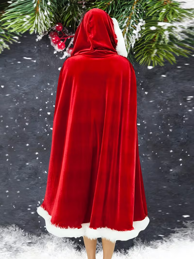 Ladies' elegant hooded cape robe (150cm long)- Long winter coat, long plush fur collar, red - autumn/winter non-elastic fabric, hand-washable casual coat, red and decorated, front cover - Image 4