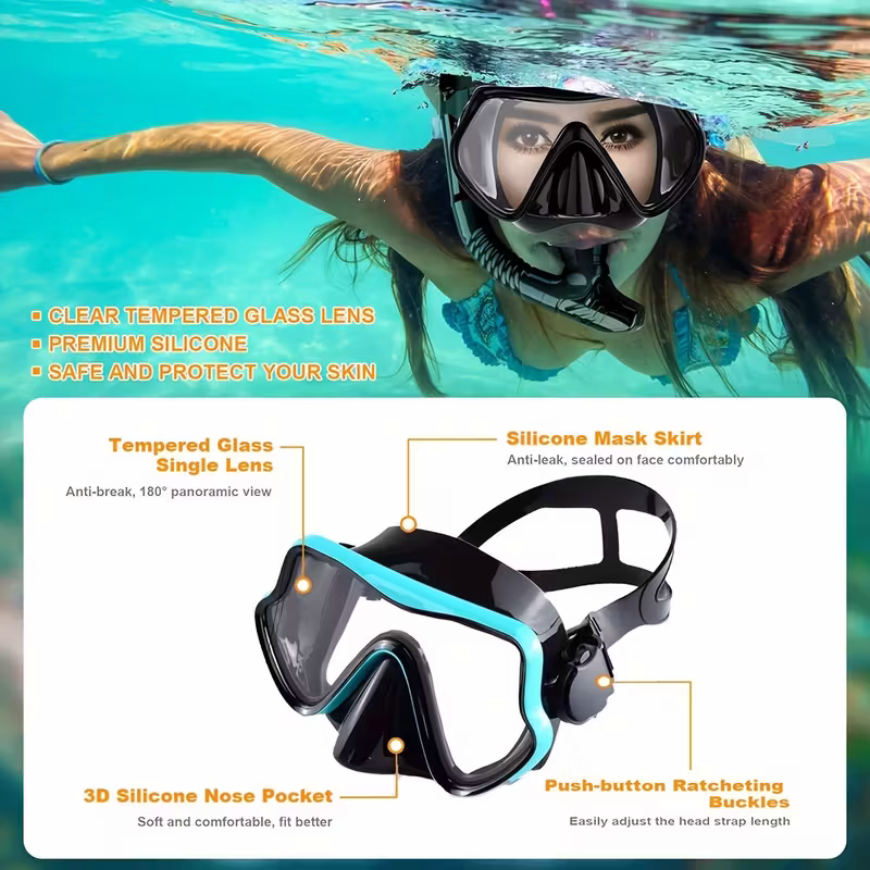 Snorkeling mask breathing tube set, large frame silicone mask, leak-proof and anti-fog snorkeling mask, swimming goggles for men and women - Image 3