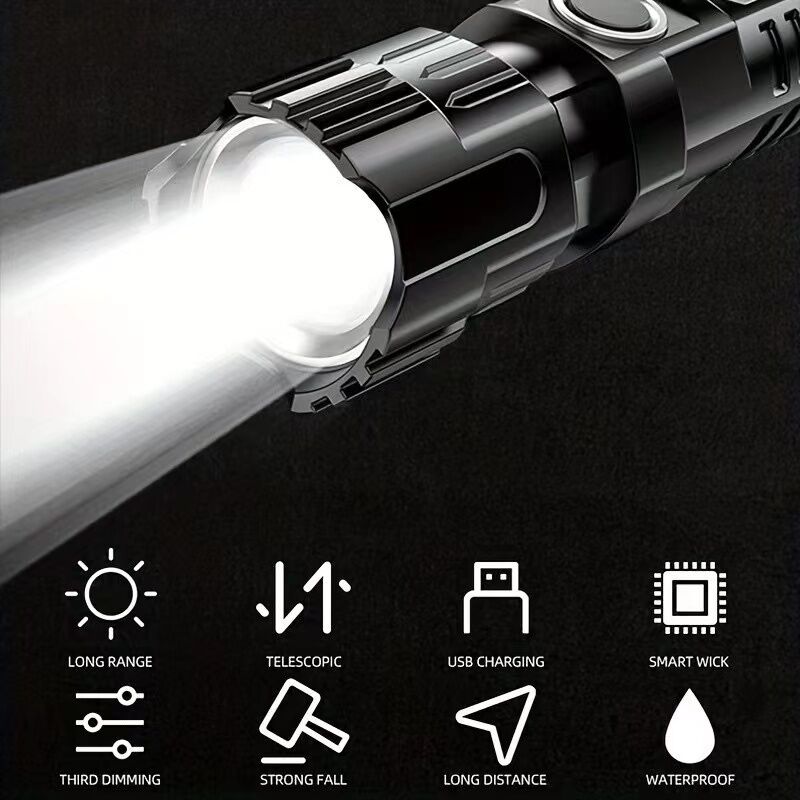 1 USB rechargeable flashlight, ultra-bright LED handheld outdoor emergency light, with telescopic zoom, wide beam, 1800mAh lithium battery, 150 lumens, suitable for camping, hiking, exploration and daily use, camping flashlight - Image 6
