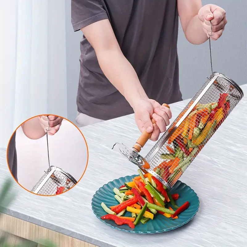 2-Pack Stainless Steel Rotating Grill Baskets with Removable Wooden Handle – Durable 304 Mesh for Veggies, Prawns & More – Perfect for BBQ, Camping & Outdoor Cooking, Great Gift for Dad or Husband - Image 2
