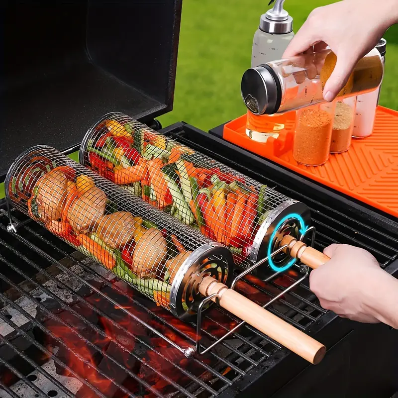 2-Pack Stainless Steel Rotating Grill Baskets with Removable Wooden Handle – Durable 304 Mesh for Veggies, Prawns & More – Perfect for BBQ, Camping & Outdoor Cooking, Great Gift for Dad or Husband - Image 3