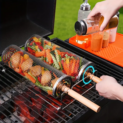 2-Pack Stainless Steel Rotating Grill Baskets with Removable Wooden Handle – Durable 304 Mesh for Veggies, Prawns & More – Perfect for BBQ, Camping & Outdoor Cooking, Great Gift for Dad or Husband - Image 3