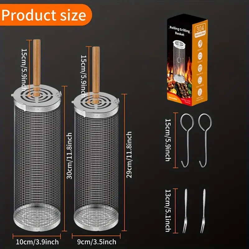 2-Pack Stainless Steel Rotating Grill Baskets with Removable Wooden Handle – Durable 304 Mesh for Veggies, Prawns & More – Perfect for BBQ, Camping & Outdoor Cooking, Great Gift for Dad or Husband - Image 4
