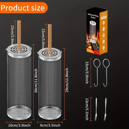 2-Pack Stainless Steel Rotating Grill Baskets with Removable Wooden Handle – Durable 304 Mesh for Veggies, Prawns & More – Perfect for BBQ, Camping & Outdoor Cooking, Great Gift for Dad or Husband - Image 4